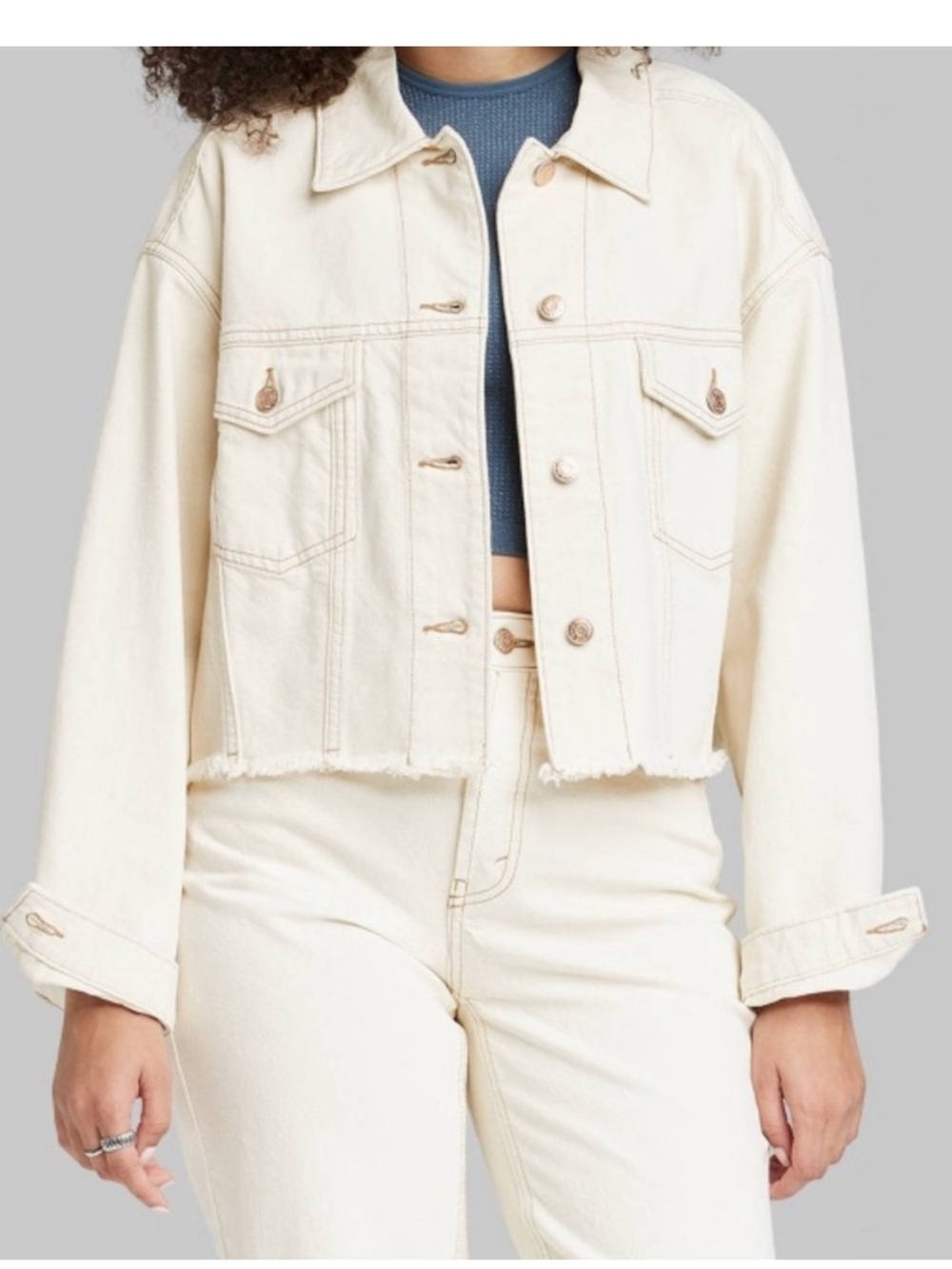 Cream cropped denim jacket
